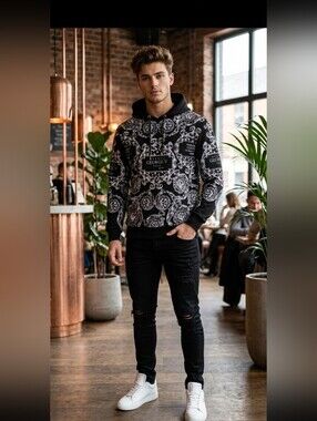 George V Hoodie - Abstract Print - Black And White - GV2643 size XXL